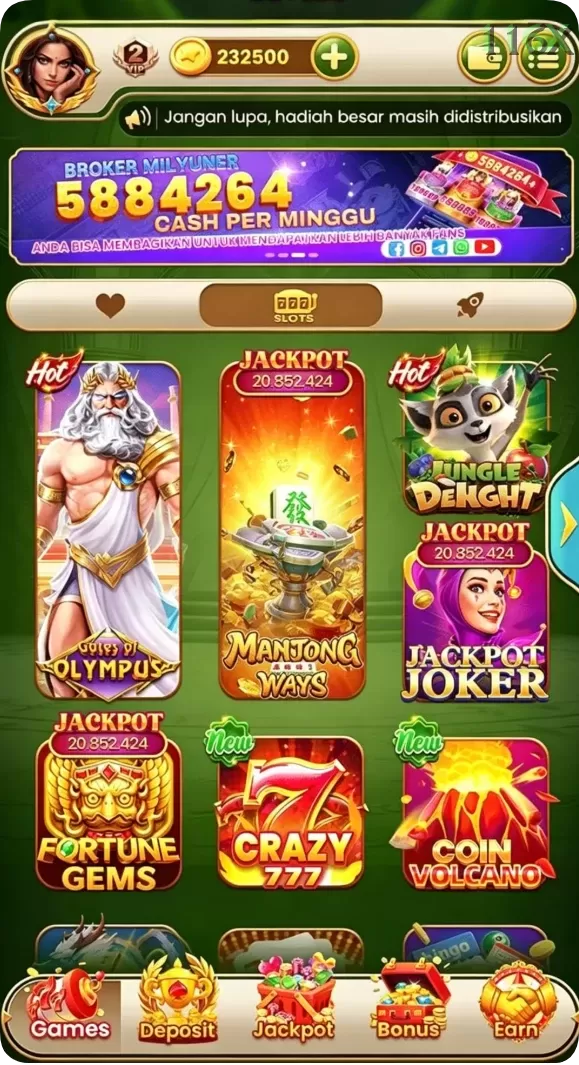 Cuplikan layar GENGTOTO — menu navigasi